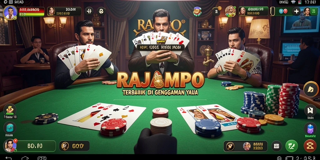 Screenshot utama RAJAMPO menampilkan gameplay poker yang seru.