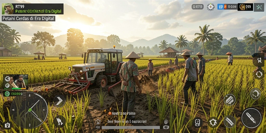 Tampilan gameplay RT99 yang menampilkan kebun yang subur dan beragam tanaman.