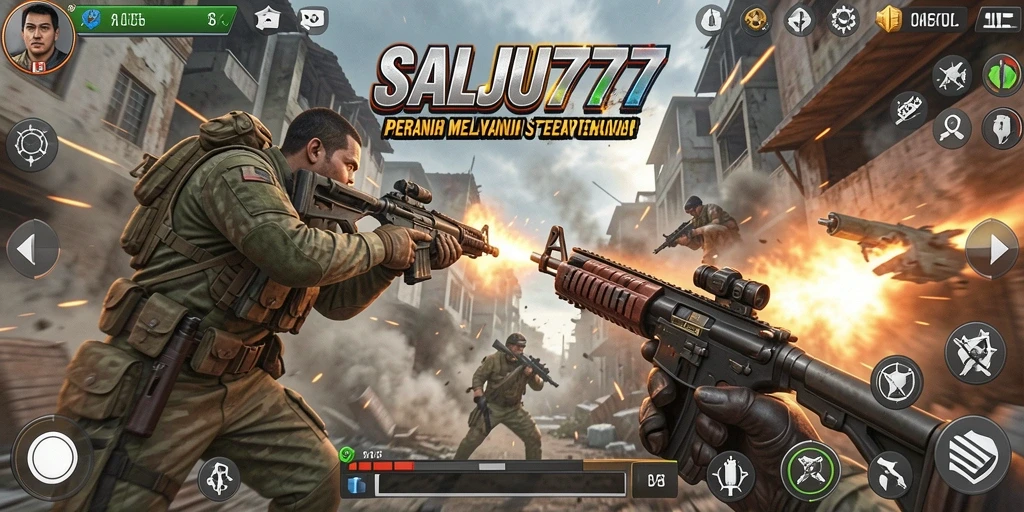 Gameplay SALJU777 menunjukkan aksi tembak-menembak yang intens.